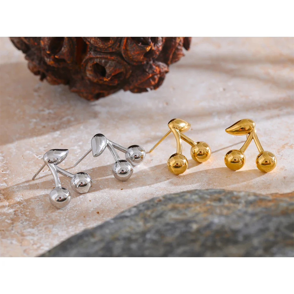 Cerise Cherry Stud Earrings 18K Gold Stainless Steel - Image 3