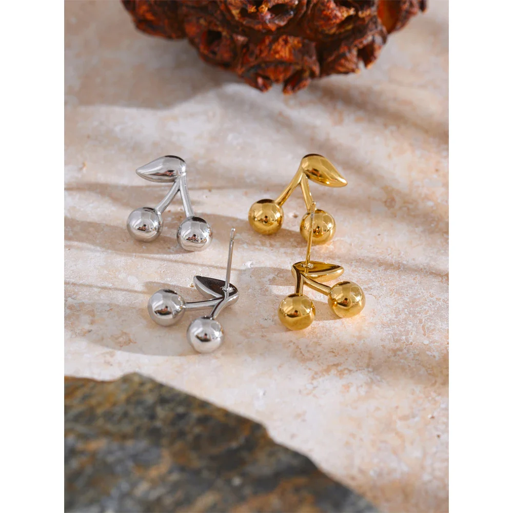 Cerise Cherry Stud Earrings 18K Gold Stainless Steel - Image 5
