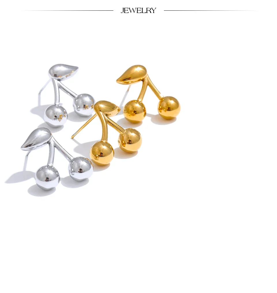 Cerise Cherry Stud Earrings 18K Gold Stainless Steel - Image 9