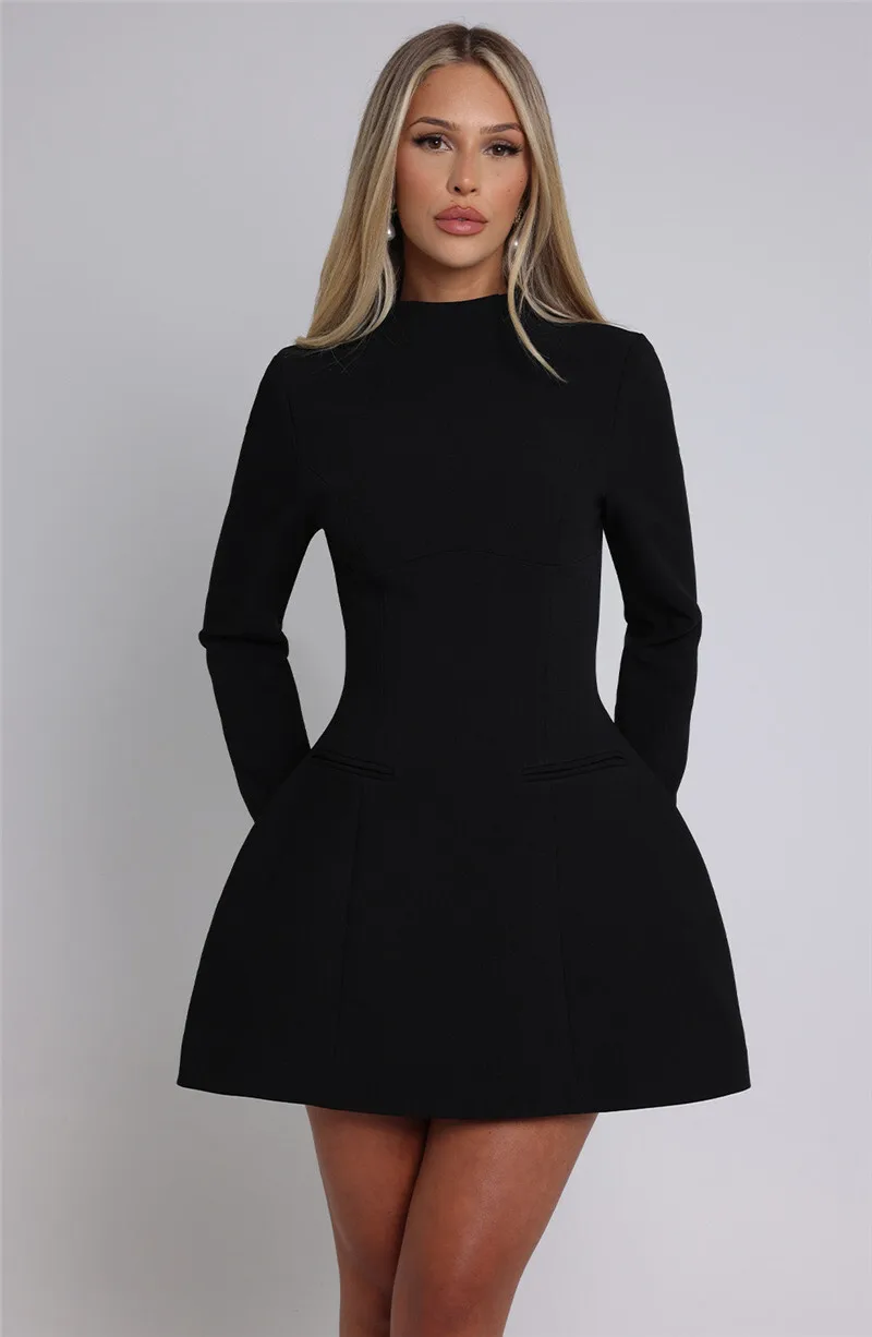 Elara White High Neck Long Sleeve Mini Dress - Image 10