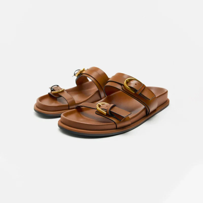 Lucia Buckle Leather Slides - Image 3