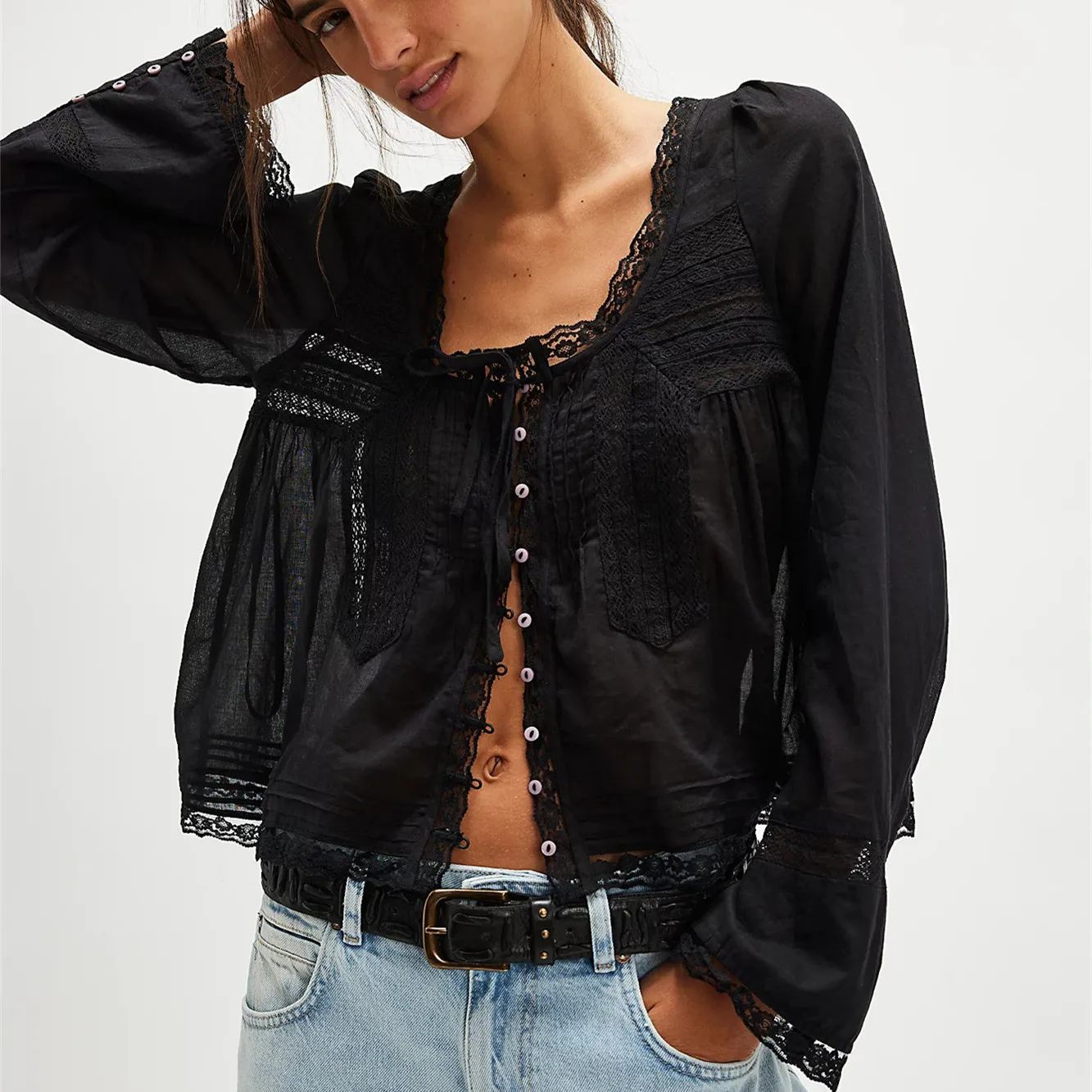 The Lace Trim Tie-Front Blouse - Image 3