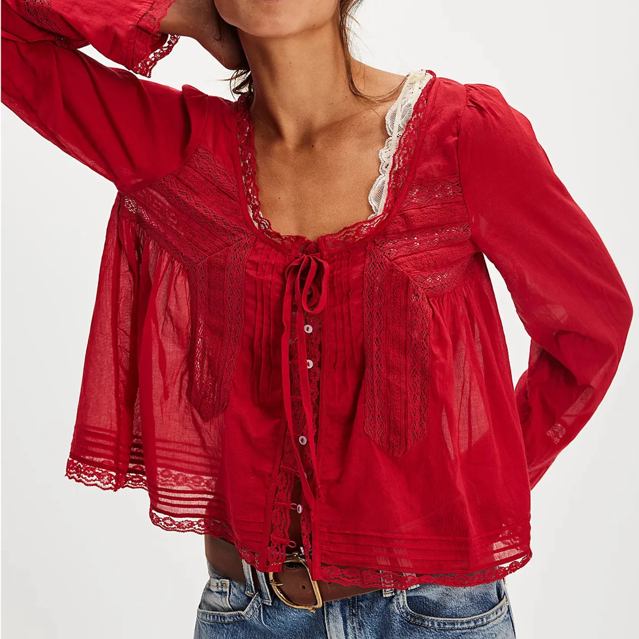 The Lace Trim Tie-Front Blouse - Image 4