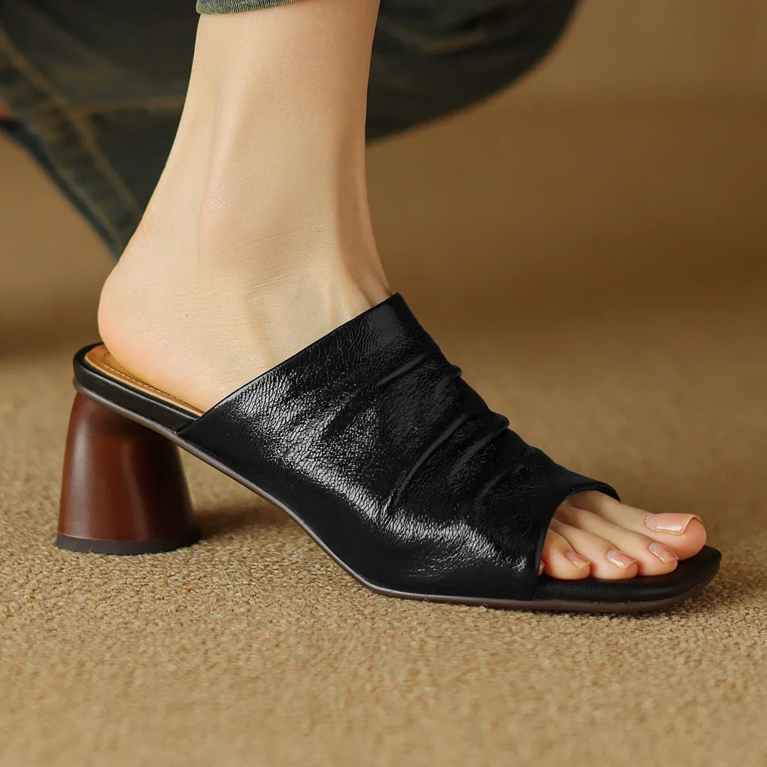The Ruched Leather Block Heel Mule