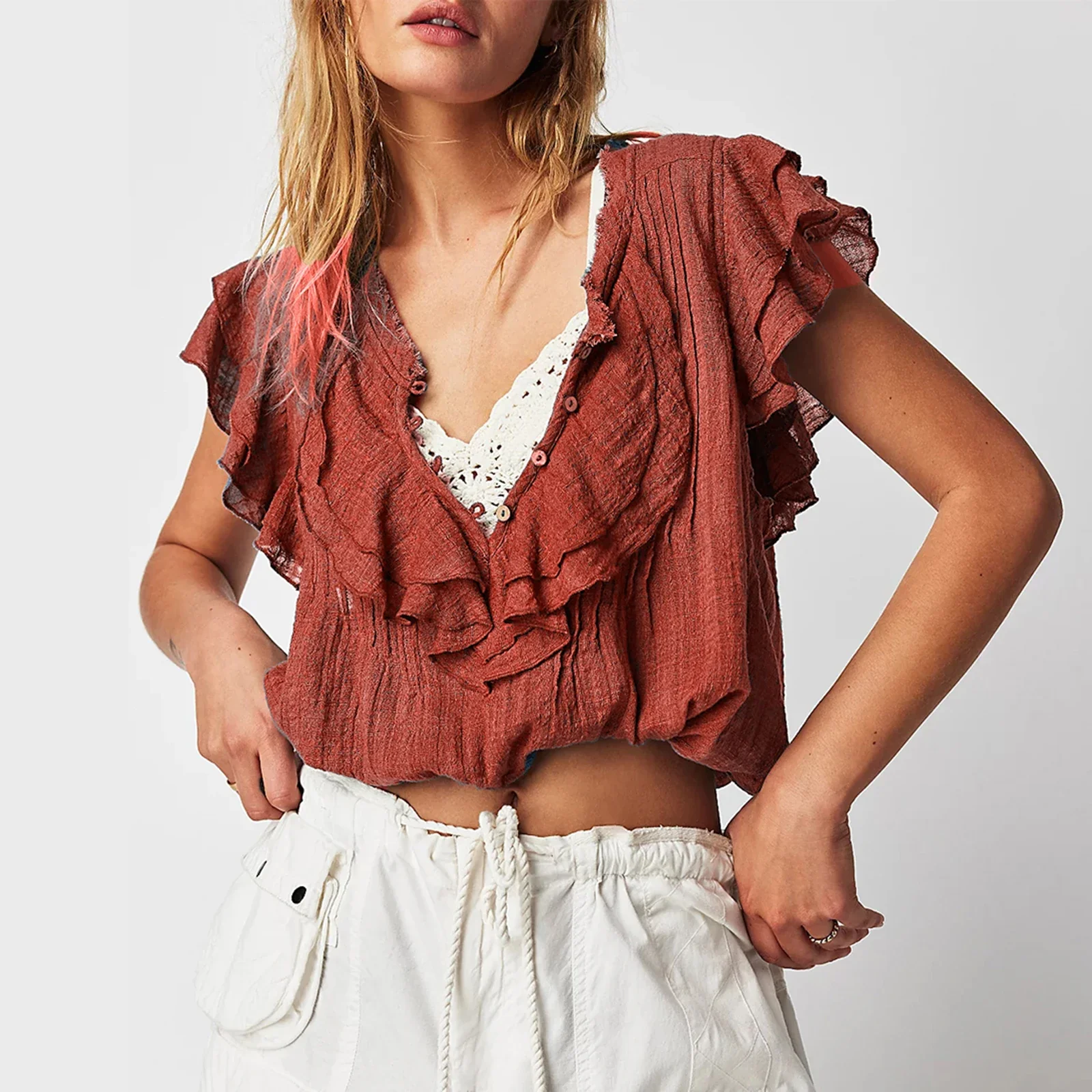 The Ruffle Front Gauze Crop Top