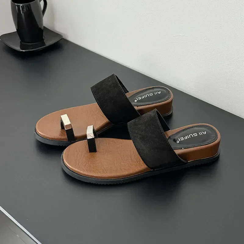 The Wide Strap Suede Toe Ring Slide - Image 15