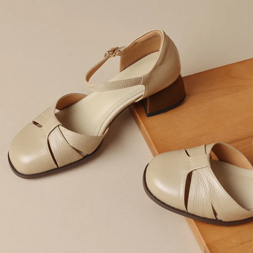 Women’s Leather Braided Ankle Strap Mid Heel Pumps - Image 10