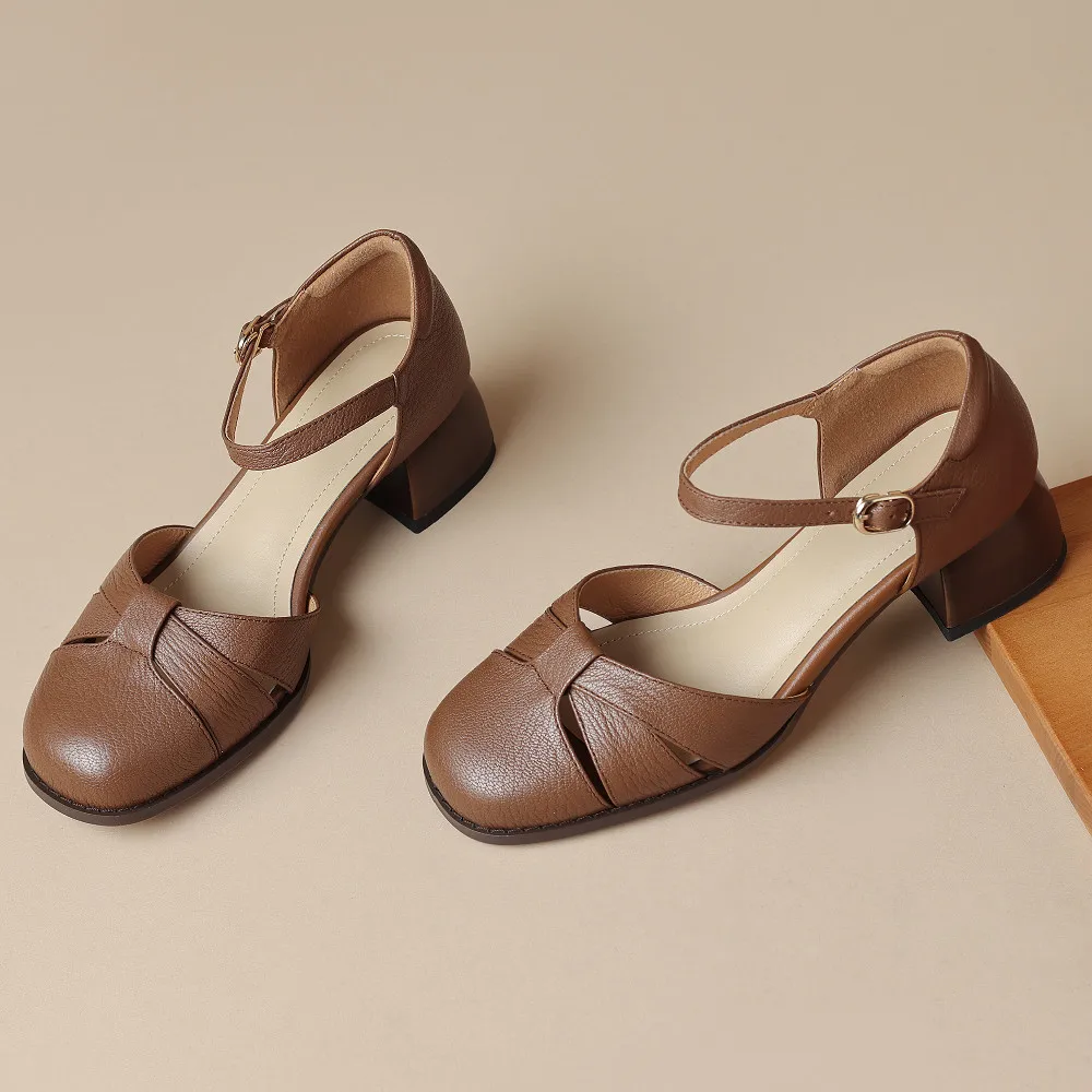 Women’s Leather Braided Ankle Strap Mid Heel Pumps - Image 11