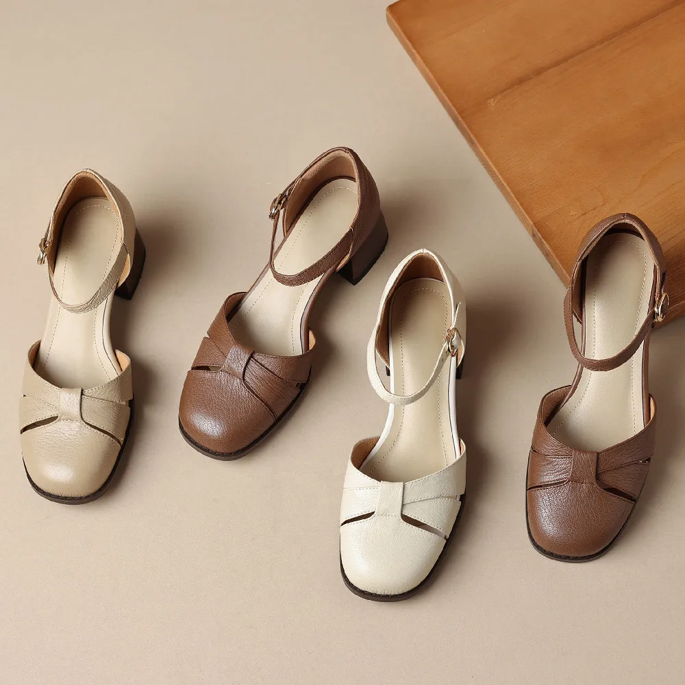 Women’s Leather Braided Ankle Strap Mid Heel Pumps - Image 18