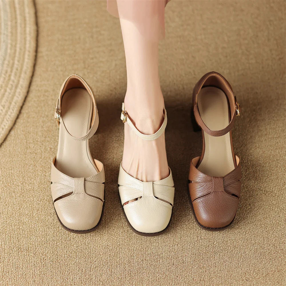 Women’s Leather Braided Ankle Strap Mid Heel Pumps - Image 21