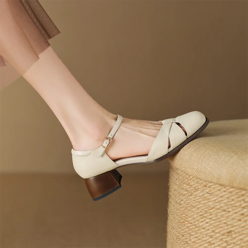 Women’s Leather Braided Ankle Strap Mid Heel Pumps - Image 23