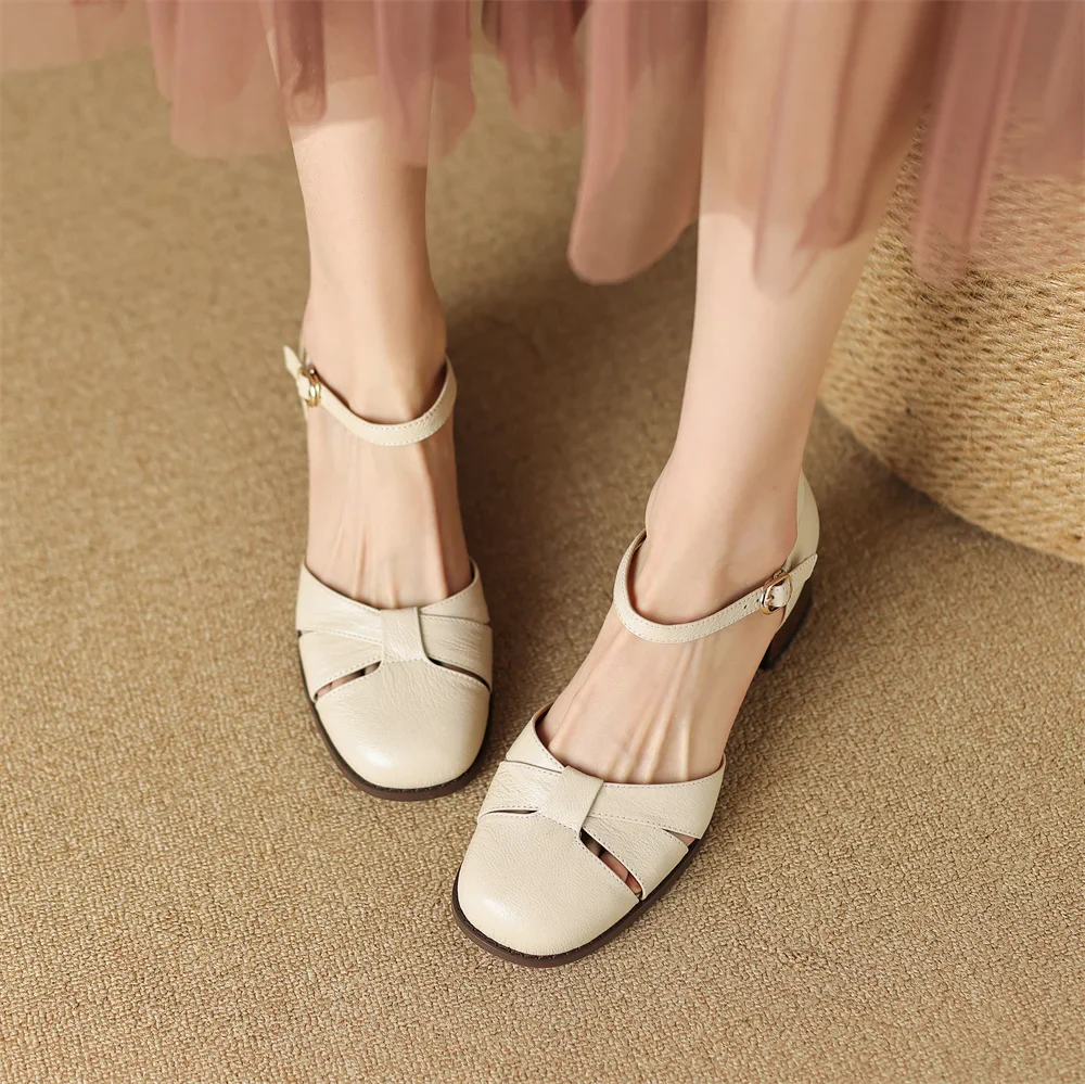Women’s Leather Braided Ankle Strap Mid Heel Pumps - Image 24