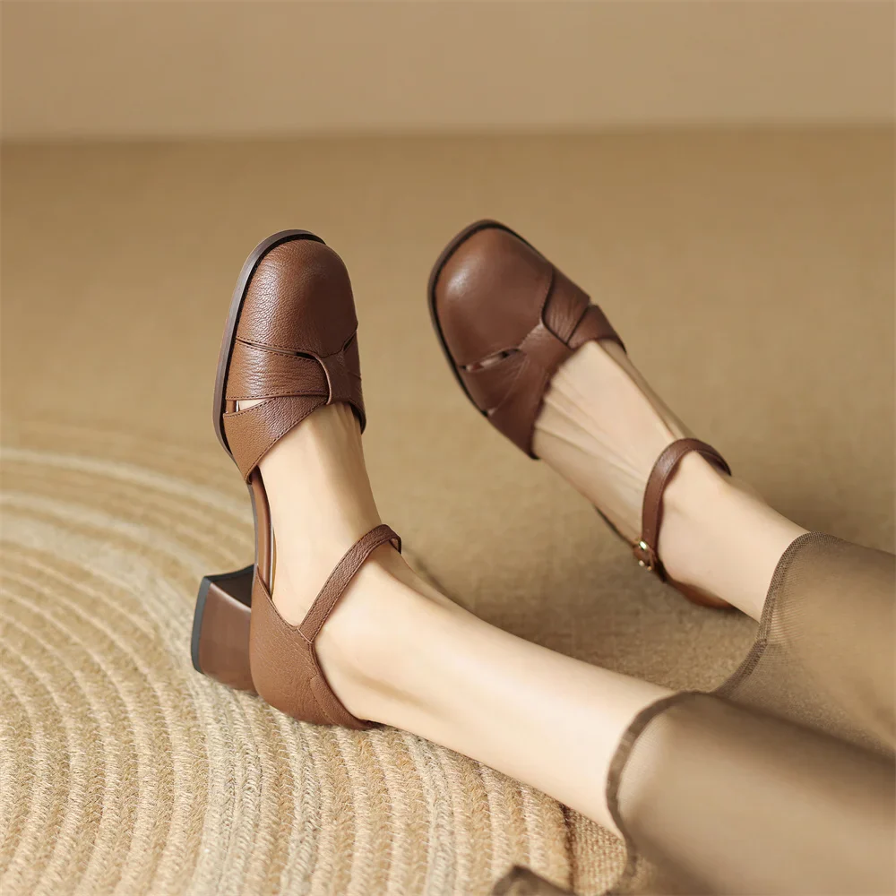 Women’s Leather Braided Ankle Strap Mid Heel Pumps - Image 28