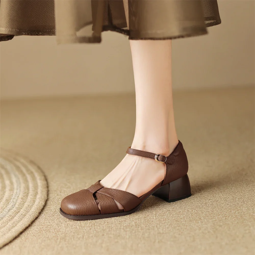 Women’s Leather Braided Ankle Strap Mid Heel Pumps - Image 29