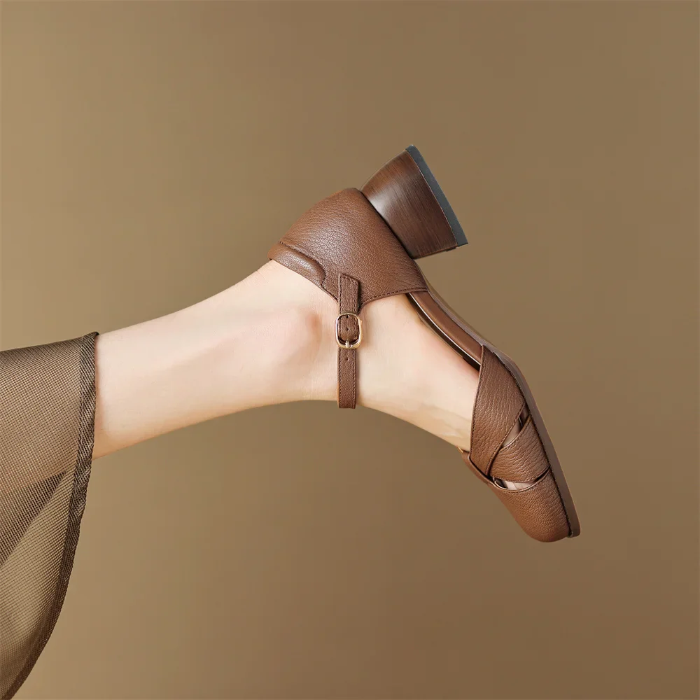 Women’s Leather Braided Ankle Strap Mid Heel Pumps - Image 30