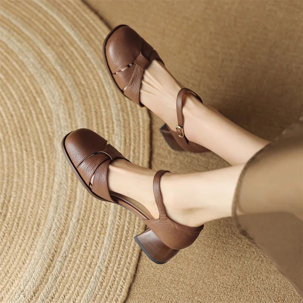 Women’s Leather Braided Ankle Strap Mid Heel Pumps - Image 31