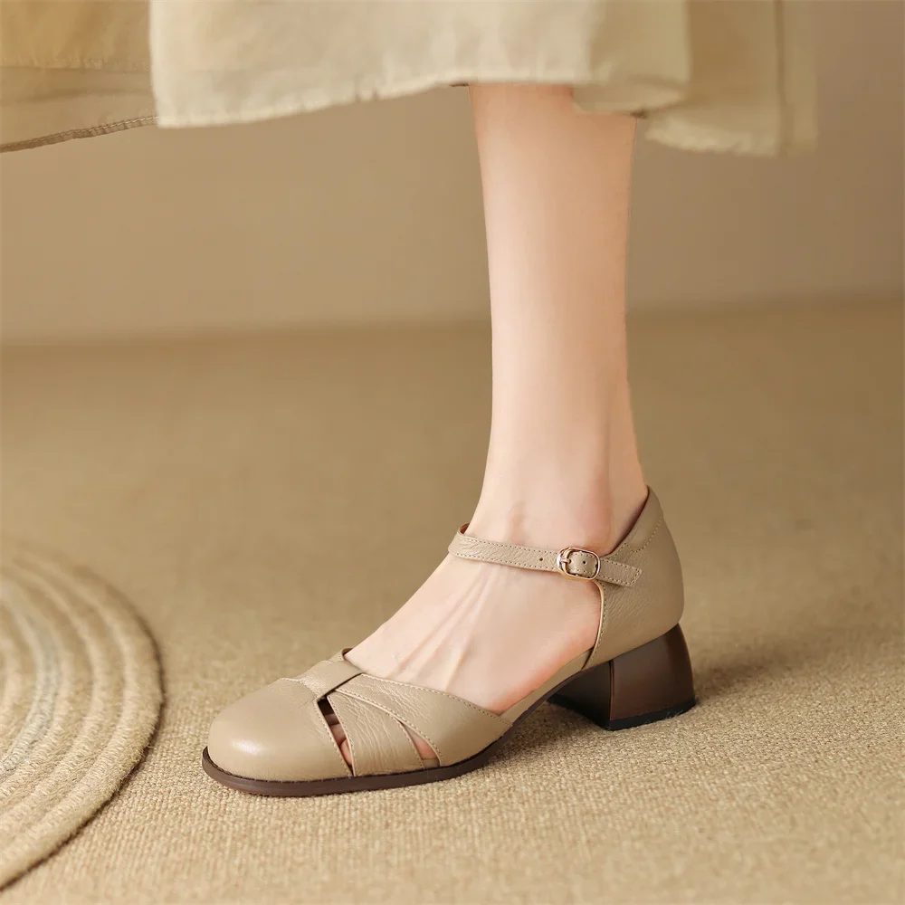 Women’s Leather Braided Ankle Strap Mid Heel Pumps - Image 34