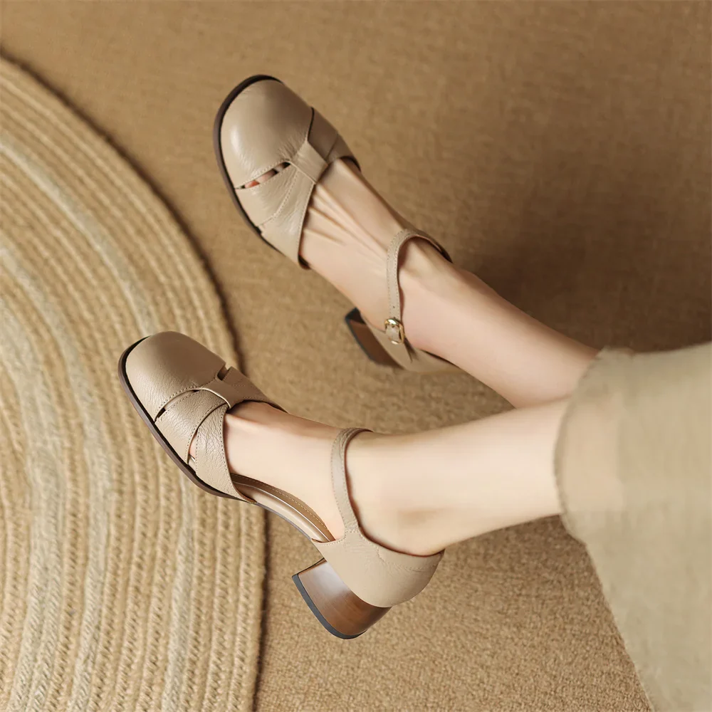 Women’s Leather Braided Ankle Strap Mid Heel Pumps - Image 35