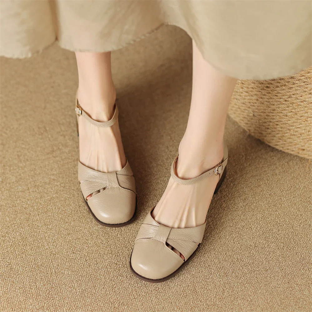 Women’s Leather Braided Ankle Strap Mid Heel Pumps - Image 36