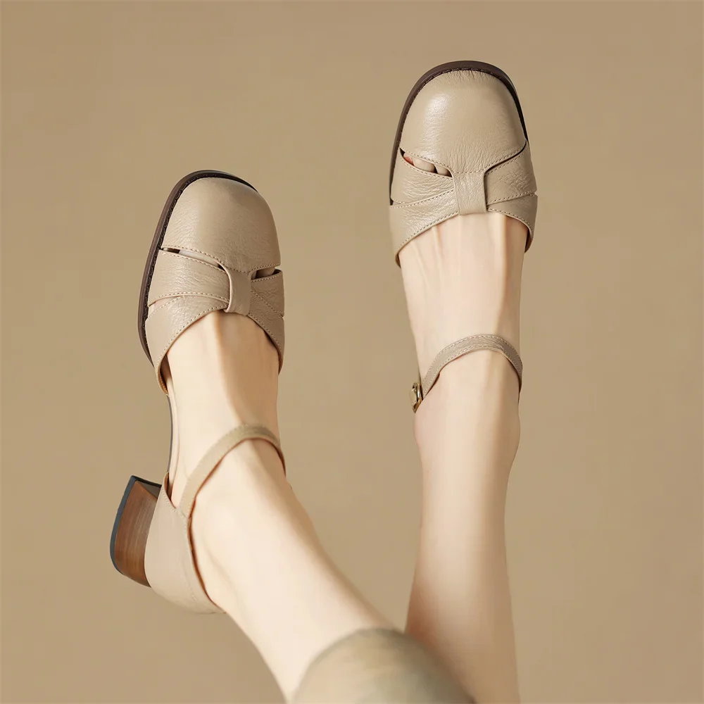 Women’s Leather Braided Ankle Strap Mid Heel Pumps - Image 38