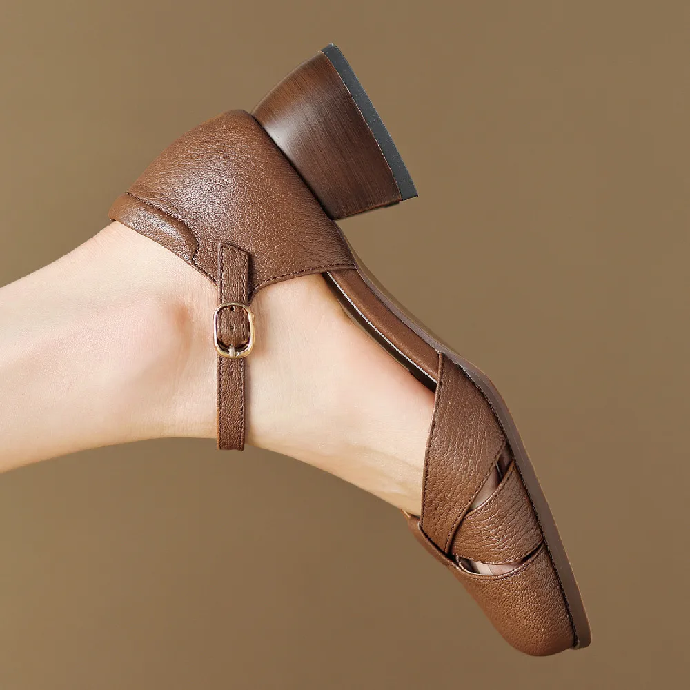 Women’s Leather Braided Ankle Strap Mid Heel Pumps - Image 4