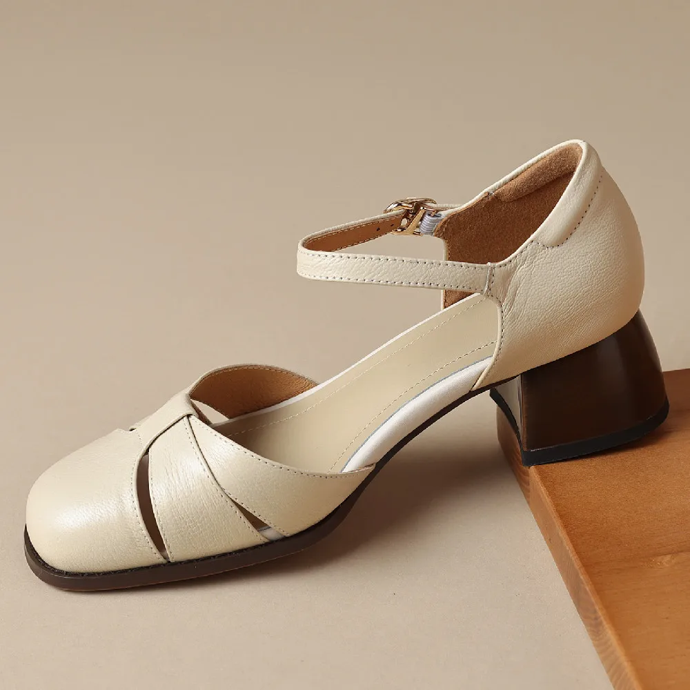 Women’s Leather Braided Ankle Strap Mid Heel Pumps - Image 7