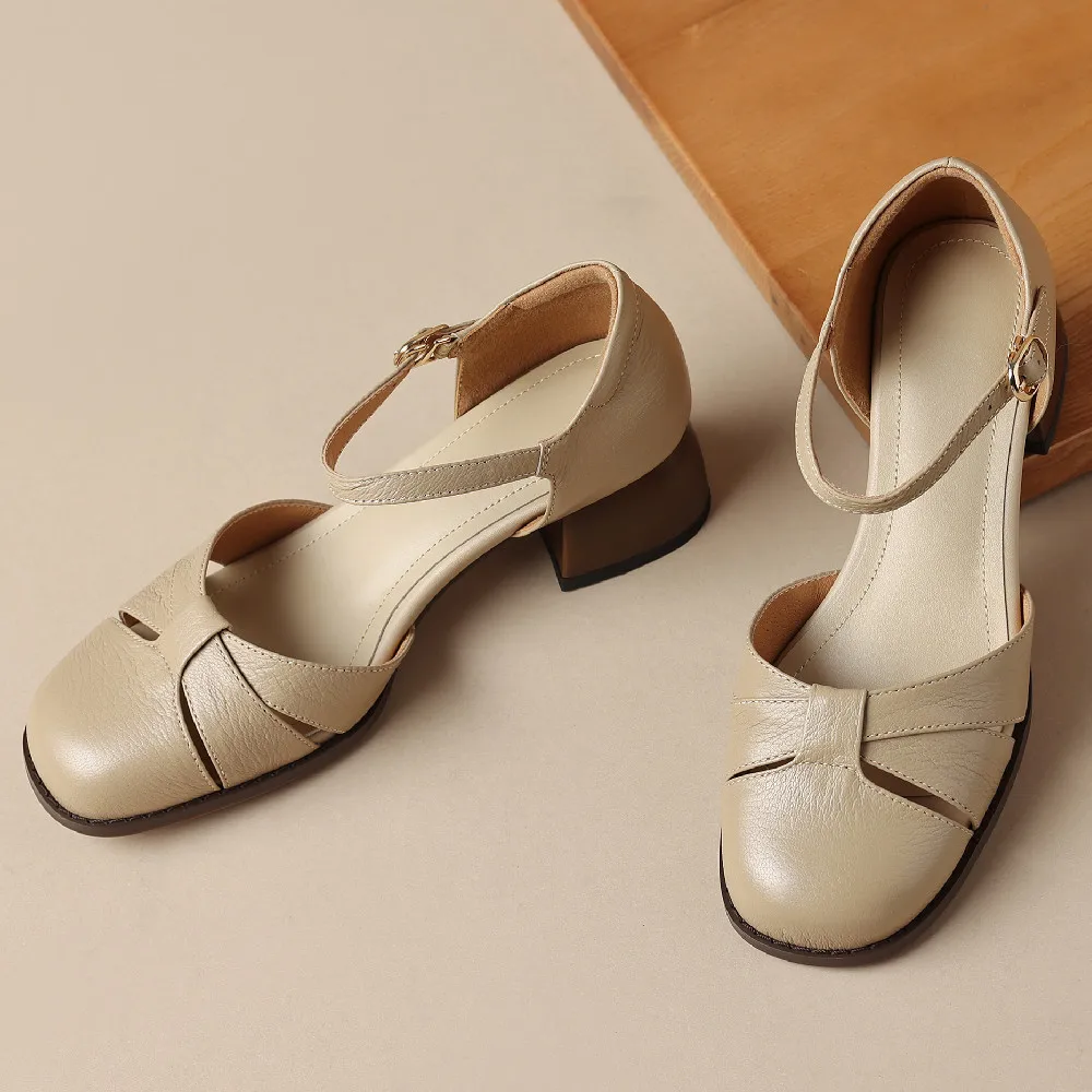 Women’s Leather Braided Ankle Strap Mid Heel Pumps - Image 9