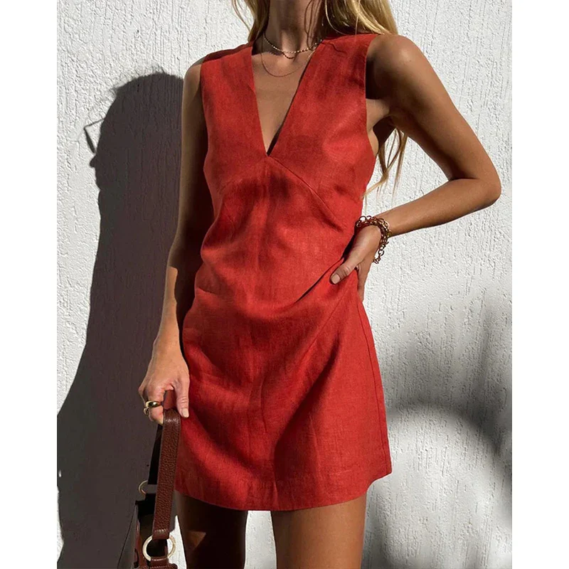 Women’s Linen V-Neck Sleeveless Mini Dress - Image 13