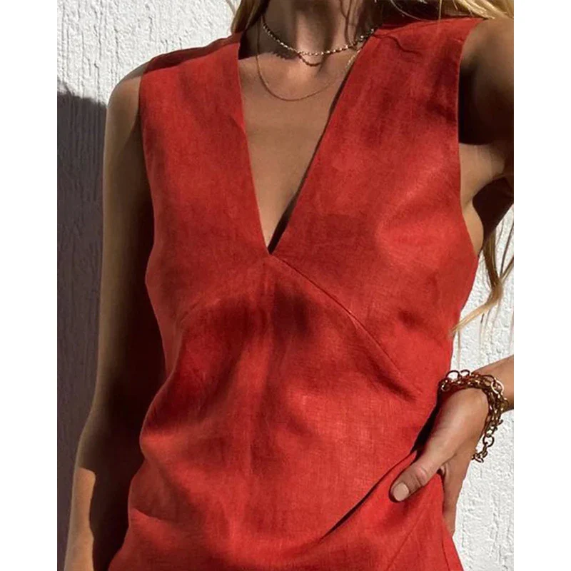 Women’s Linen V-Neck Sleeveless Mini Dress - Image 16
