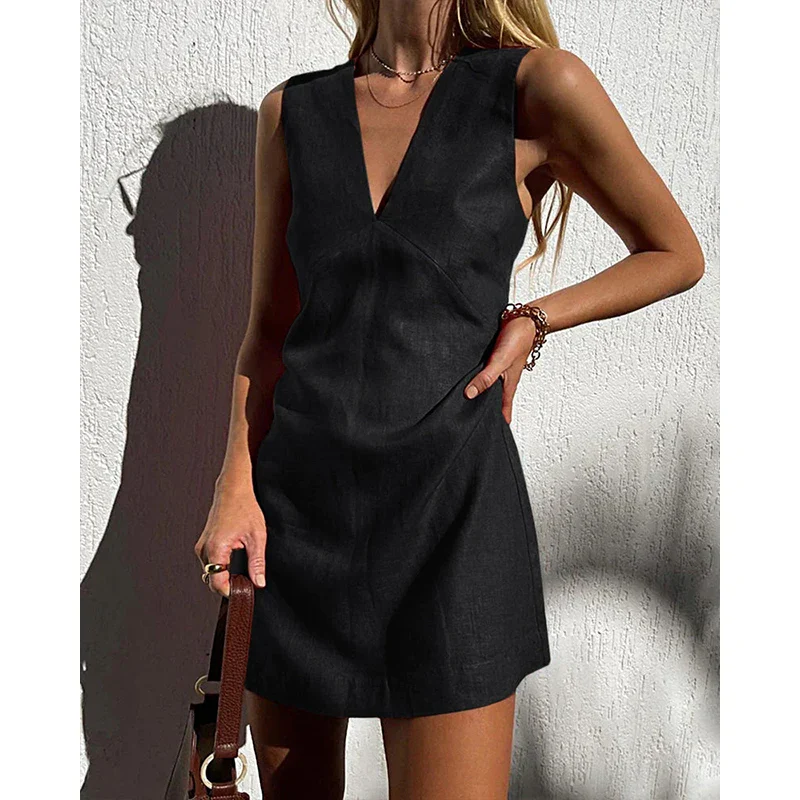 Women’s Linen V-Neck Sleeveless Mini Dress - Image 17