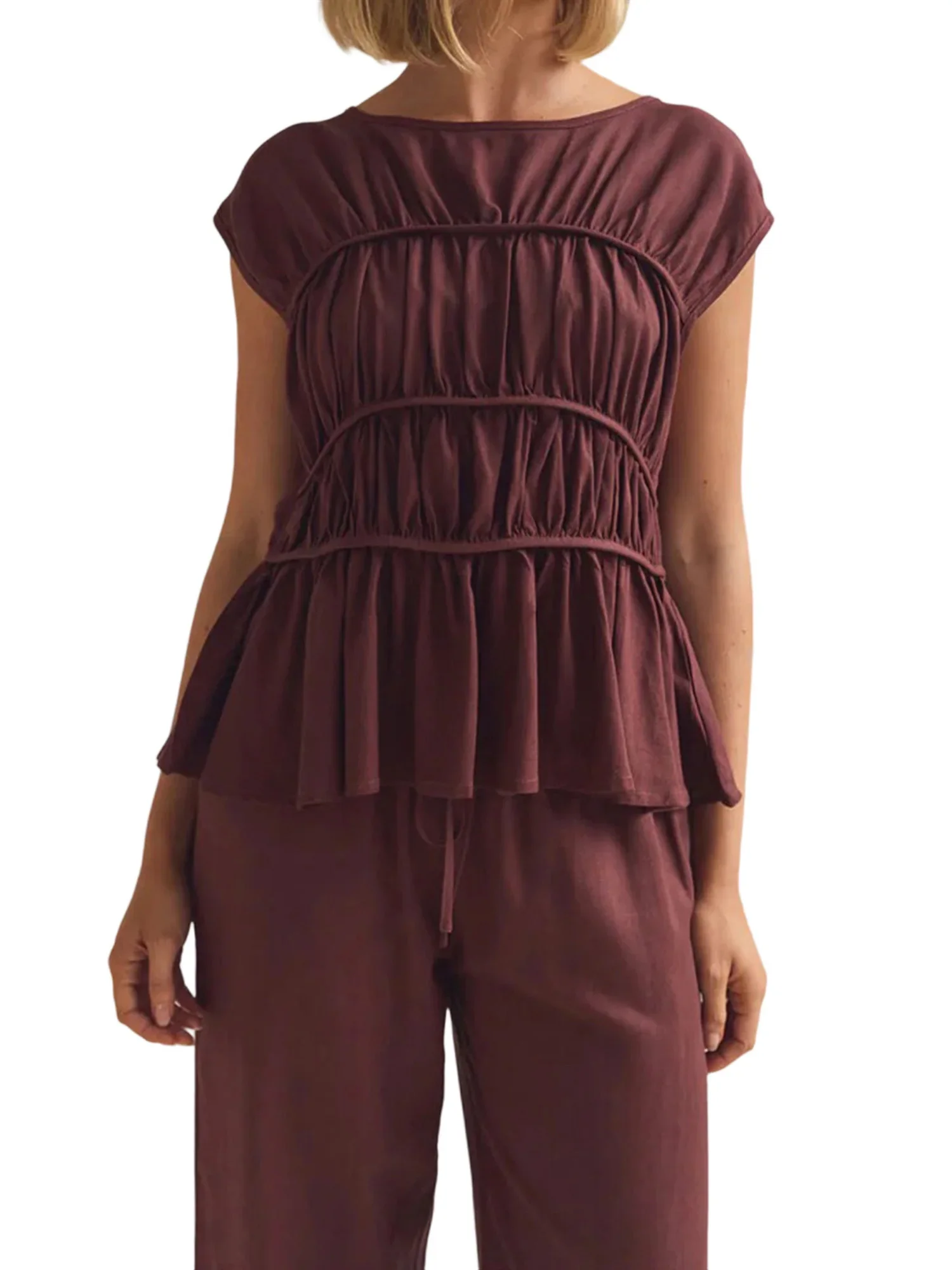 Women’s Ruched Cap Sleeve Peplum Top - Image 11
