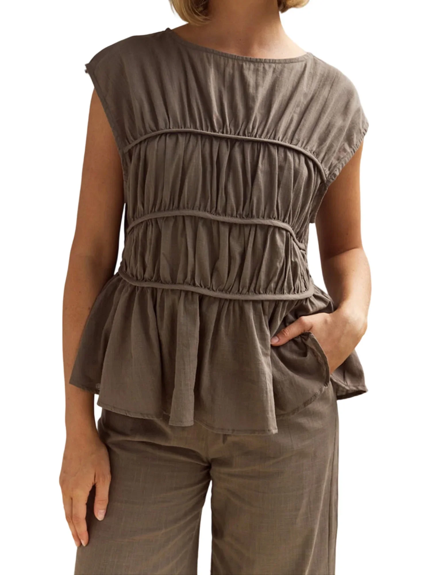 Women’s Ruched Cap Sleeve Peplum Top - Image 7