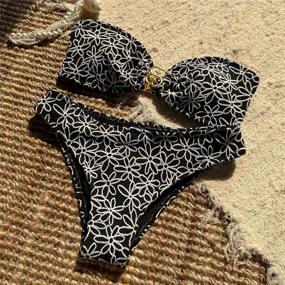 Women's Bandeau Bikini Set Floral Embroidery High Cut - Image 2