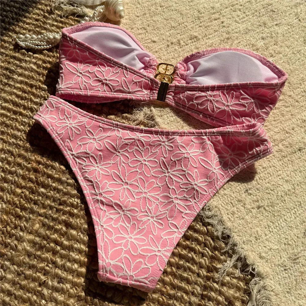 Women's Bandeau Bikini Set Floral Embroidery High Cut - Image 4