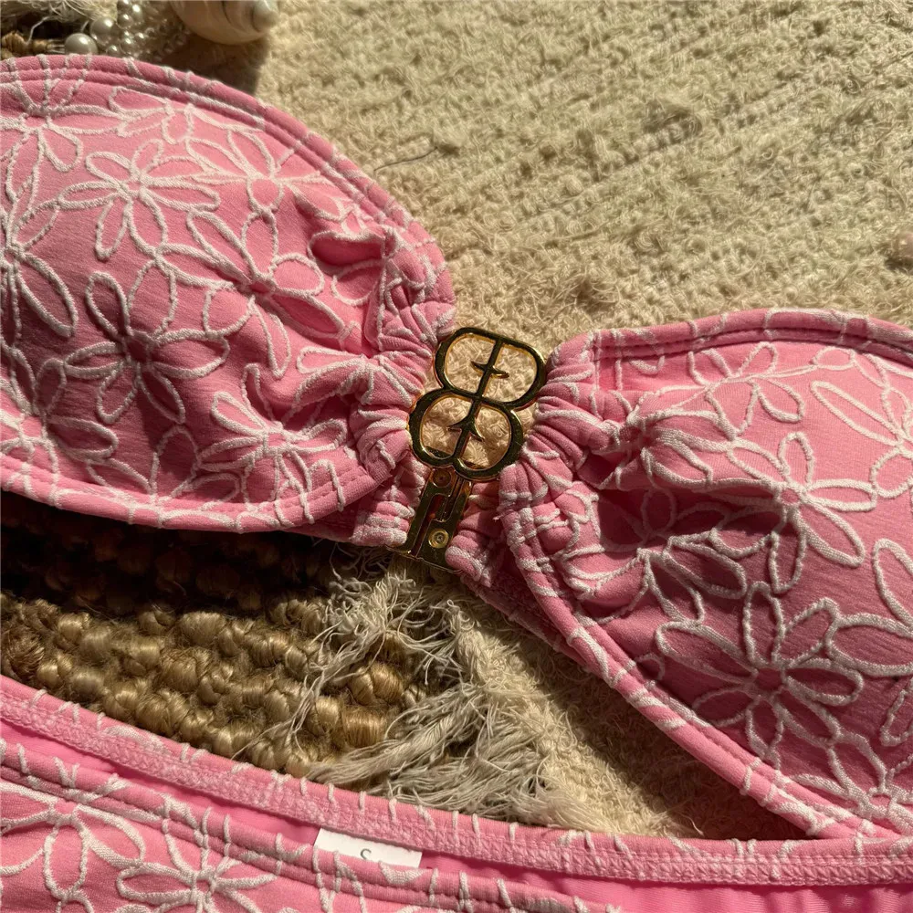 Women's Bandeau Bikini Set Floral Embroidery High Cut - Image 6