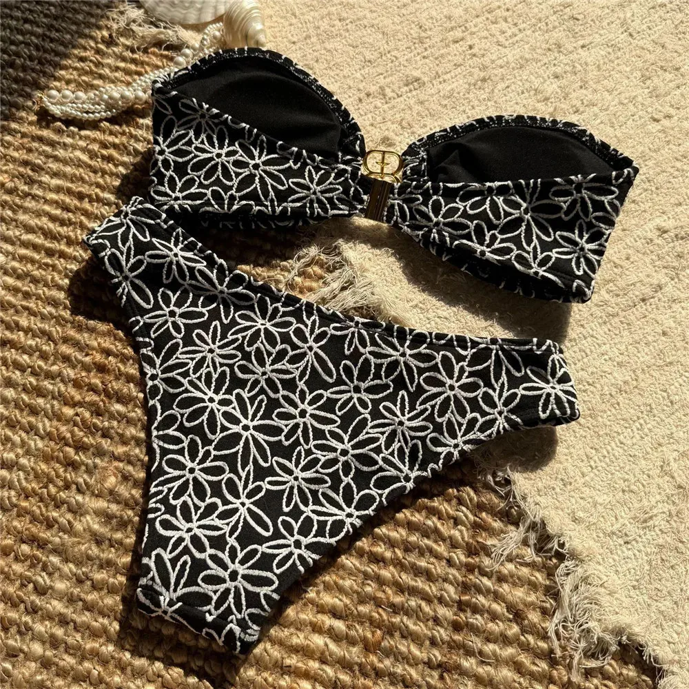 Women's Bandeau Bikini Set Floral Embroidery High Cut - Image 7