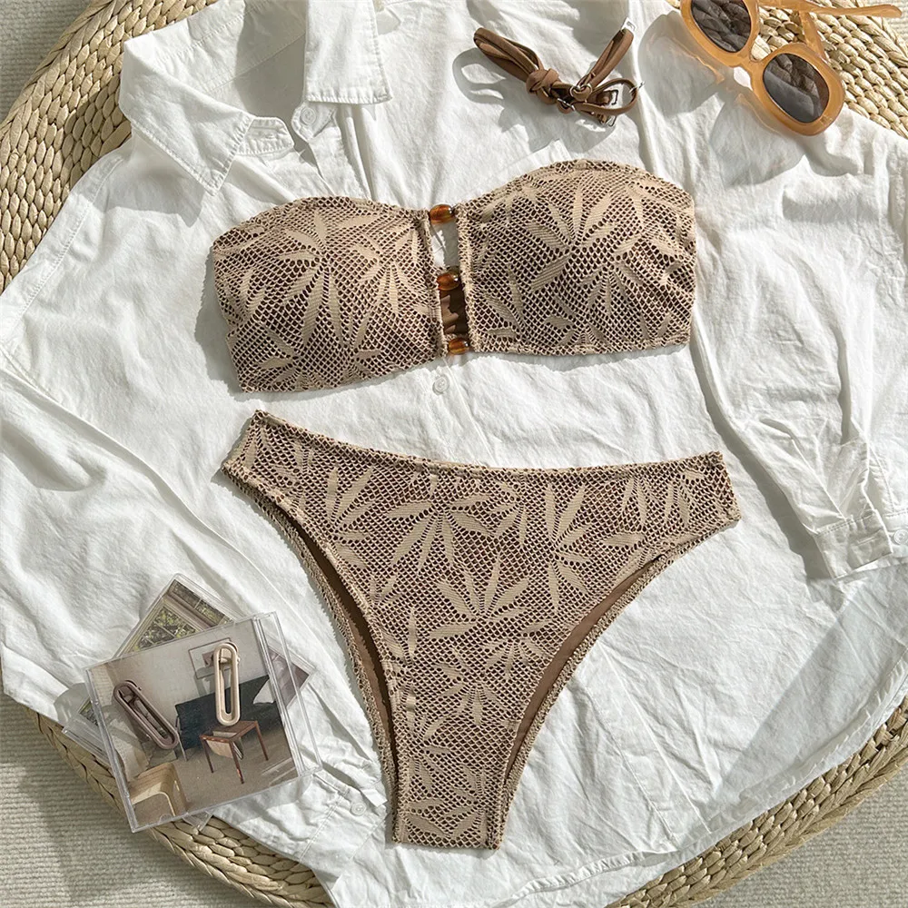Women's Bandeau Bikini Set Hollow Out Brown - Image 3