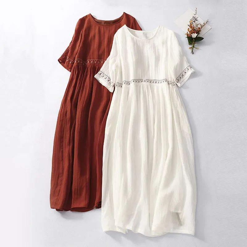 Women's Cotton Linen Midi Dress Boho Embroidery
