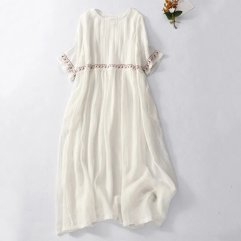 Women's Cotton Linen Midi Dress Boho Embroidery - Image 2