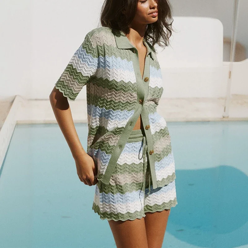 Women's Crochet Knit Cover Up Set Striped - Image 2