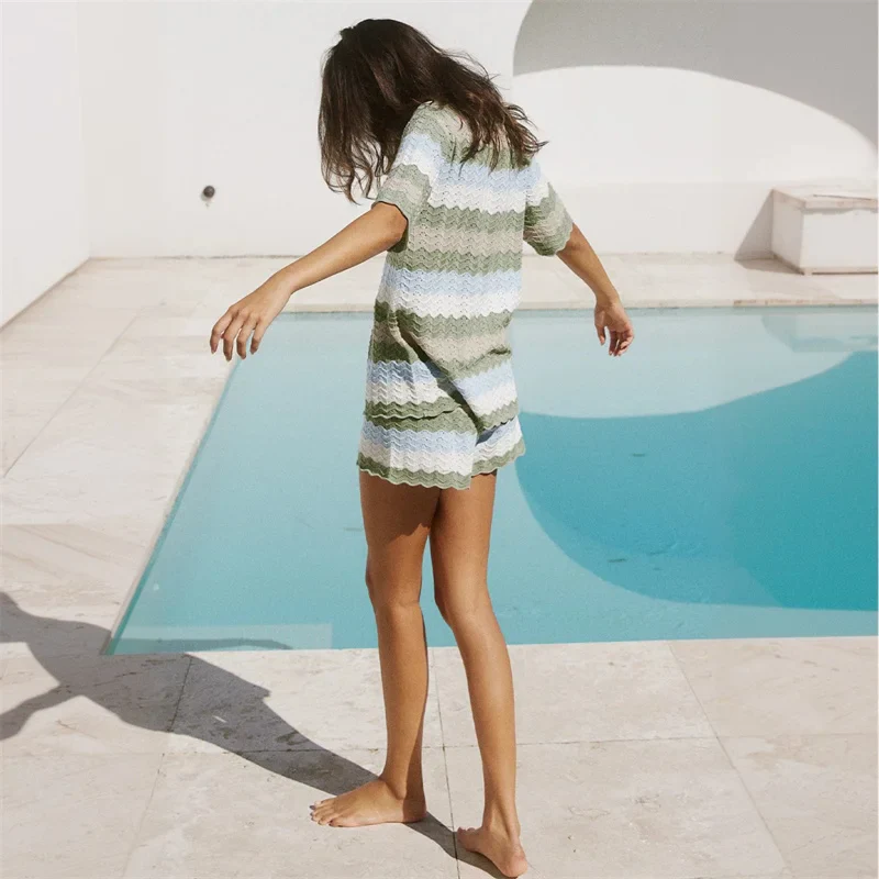 Women's Crochet Knit Cover Up Set Striped - Image 3