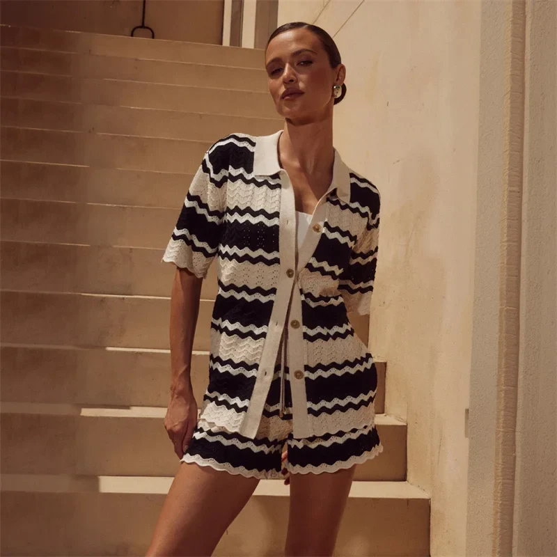 Women's Crochet Knit Cover Up Set Striped - Image 6