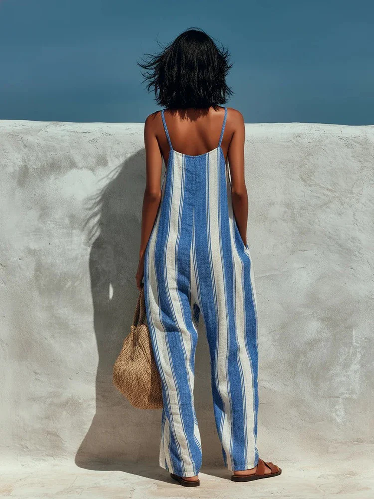 Women's Halter Wide Leg Jumpsuit Stripe Sleeveless - Image 3