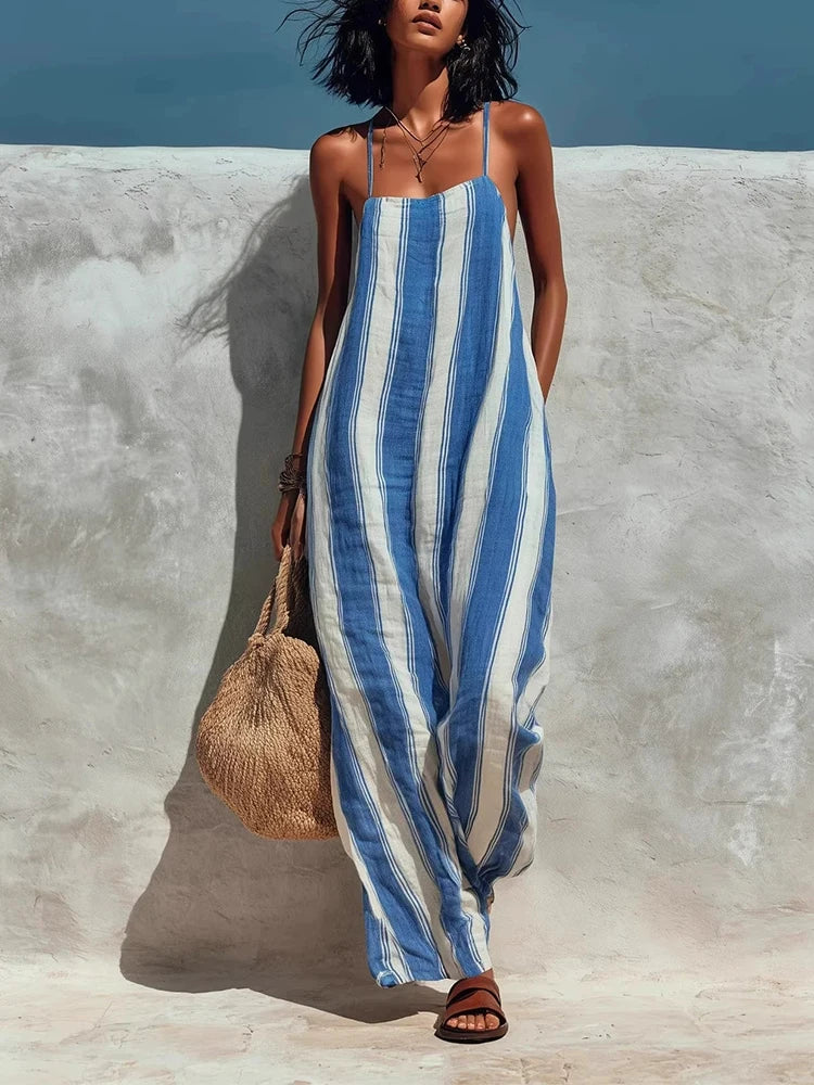Women's Halter Wide Leg Jumpsuit Stripe Sleeveless - Image 4