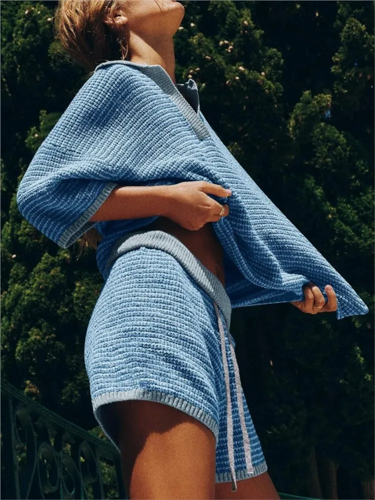 Women's Knit 2 Piece Shorts Set V Neck - Image 4