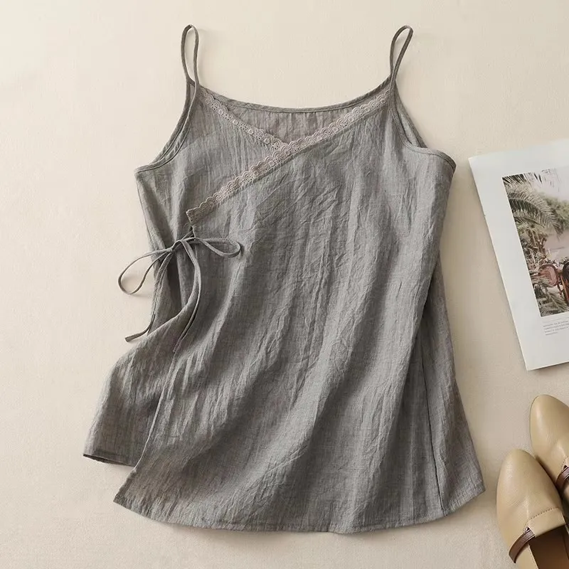Women's Lace Up Cotton Linen Camisole Tank Top