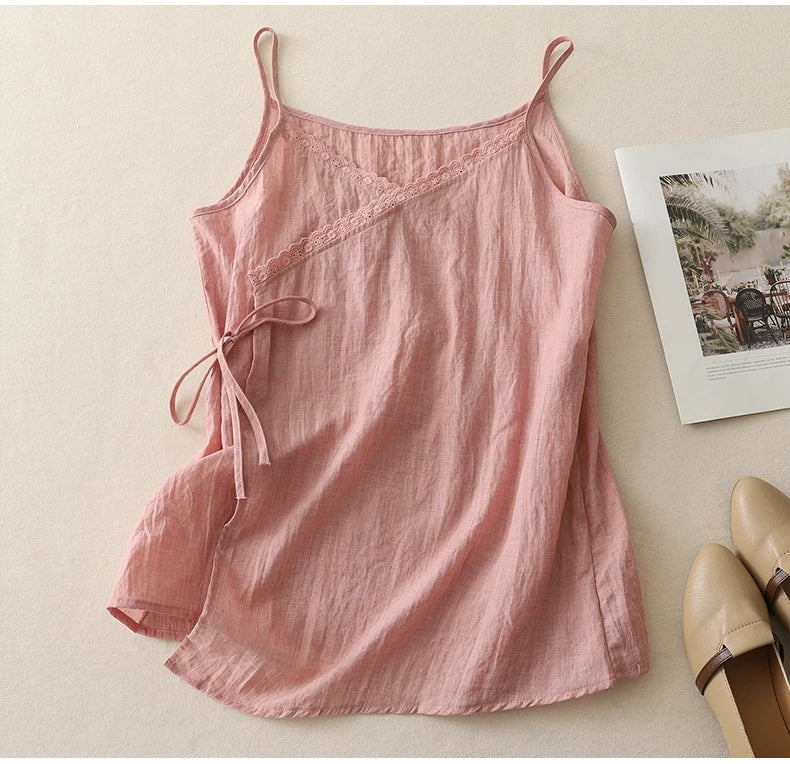 Women's Lace Up Cotton Linen Camisole Tank Top - Image 9