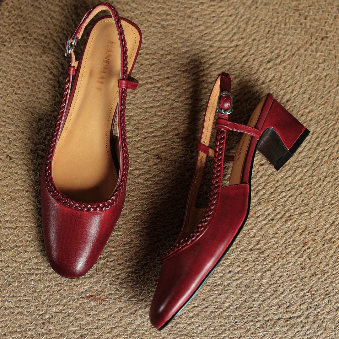 Women's Leather Slingback Heeled Sandals Round Toe - Image 5