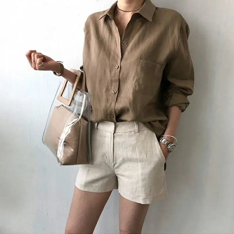 Women's Linen Oversized Shirt Shorts Set Beige