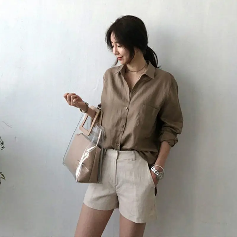Women's Linen Oversized Shirt Shorts Set Beige - Image 3